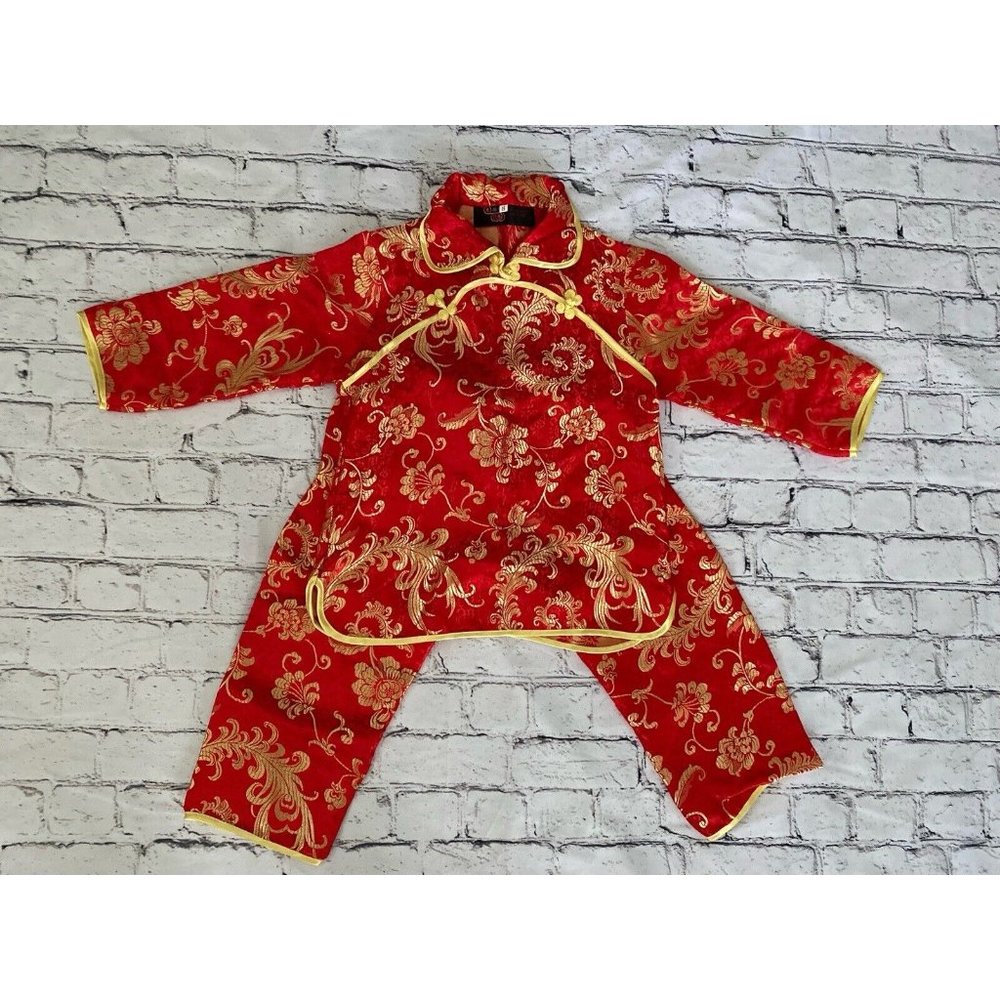 Chinese New Year Baby Boy Girl Shirt Pants Set Red Satin Outfit Size M Kids NWOT
